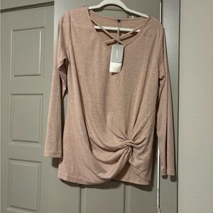 Cream Twist-Front Long Sleeve Top with Strappy V-Neck